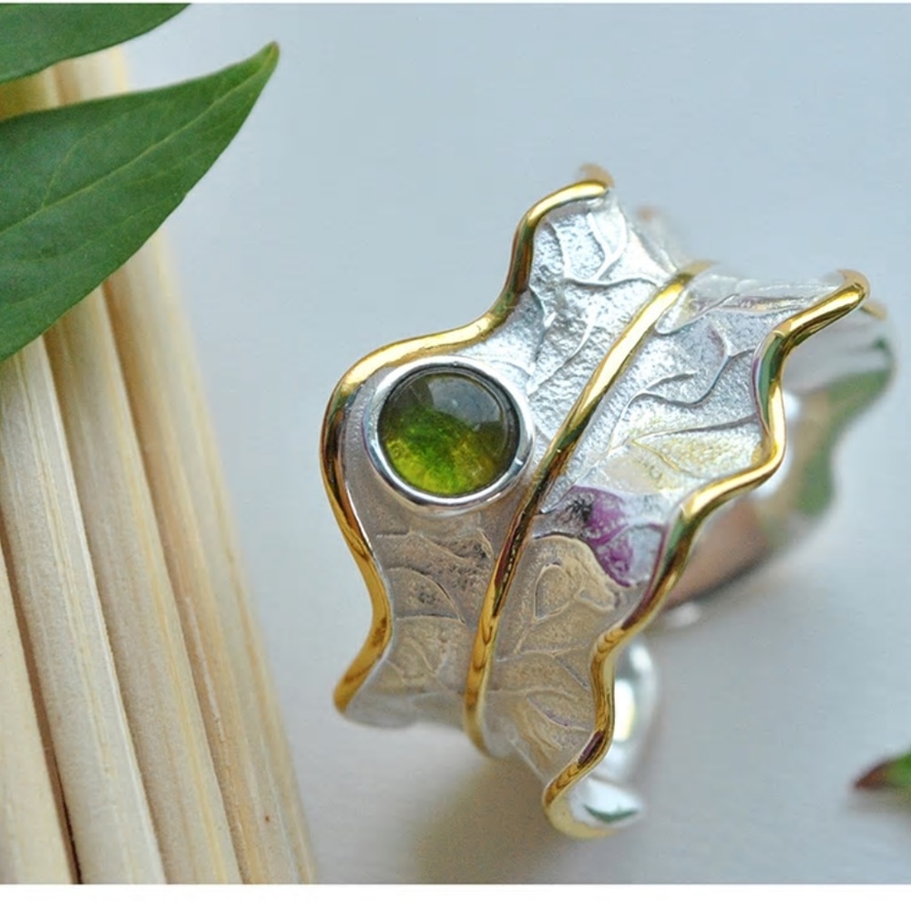 925 Sterling Silver Green Tourmaline Gemstone Wide Leaf Open Adjustable Ring